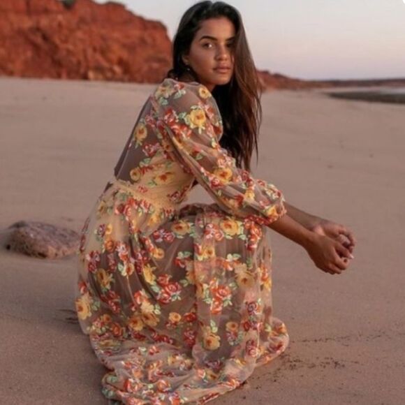 For Love & Lemons Winnie Maxi Long Sleeve Embroidered Floral Dress XS - Picture 4 of 7